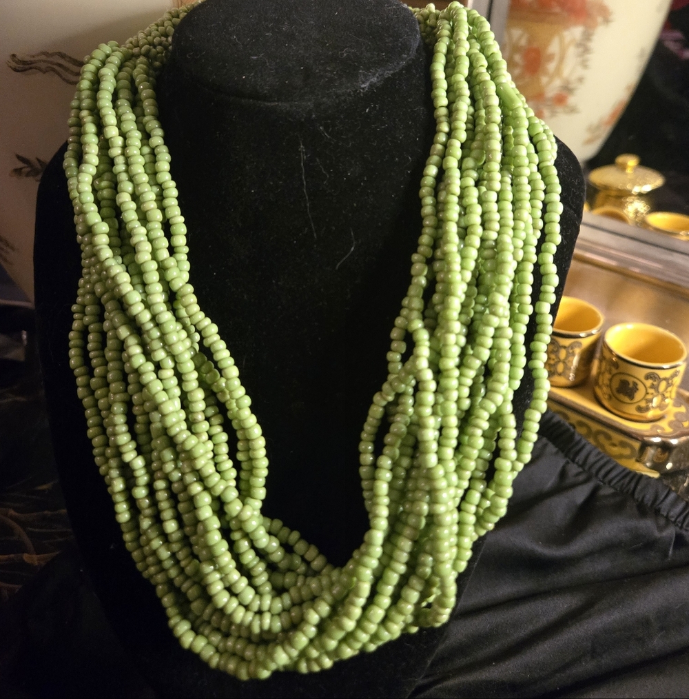 Multi-Strand Lime Green Seed Bead Statement Necklace